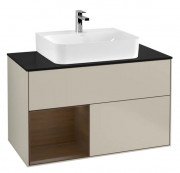 Тумба під раковину Villeroy & Boch Finion 100х50,1 см з підсвічуванням МДФ пісок матовий лак/шпон волоського горіха/скло чорне матове F112GNHH