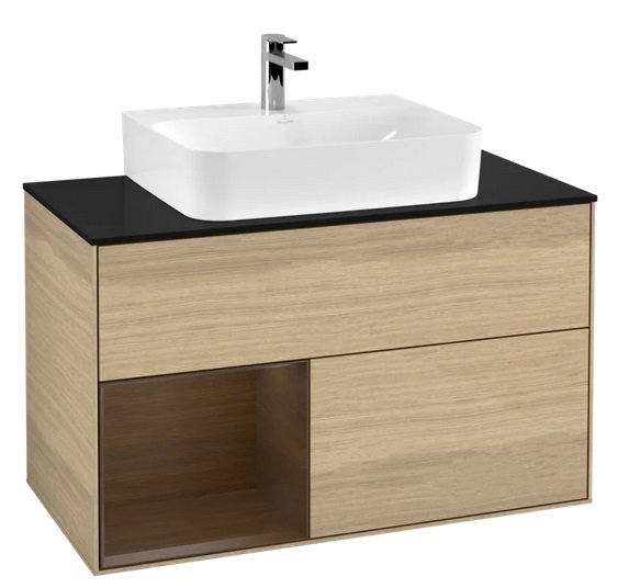 Тумба під раковину Villeroy & Boch Finion 100х50,1 см з підсвічуванням ДСП шпон дуба/шпон волоського горіха/скло чорне матове F112GNPC