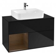 Тумба под раковину Villeroy & Boch Finion 100х50,1 см с подсветкой МДФ глянцевый черный лак/шпон грецкого ореха/стекло черное матовое F112GNPH