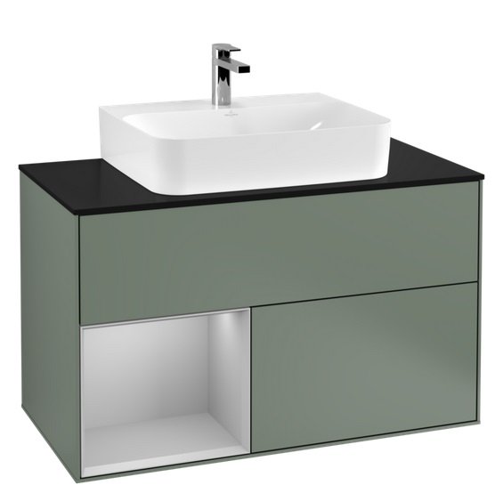 Тумба под раковину Villeroy & Boch Finion 100х50,1 см с подсветкой МДФ оливковый матовый лак/светло-серый матовый лак/стекло черное матовое F112GJGM