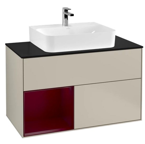 Тумба под раковину Villeroy & Boch Finion 100х50,1 см с подсветкой МДФ песок матовый лак/пион матовый лак/стекло черное матовое F112HBHH