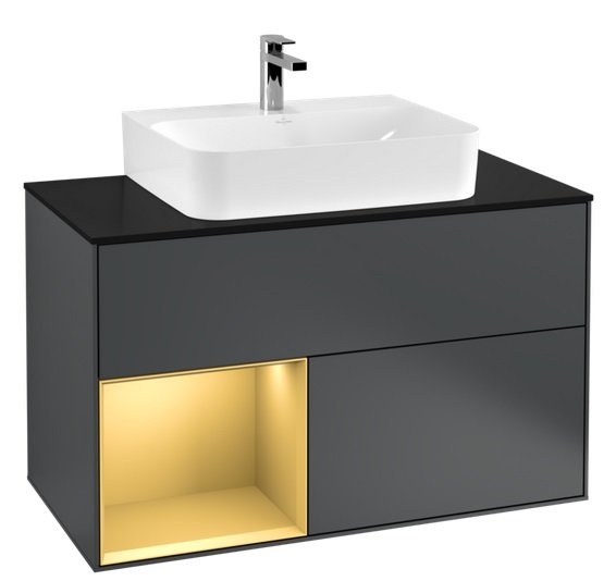 Тумба під раковину Villeroy & Boch Finion 100х50,1 см з підсвічуванням темно-синій матовий лак/золотий матовий лак/скло чорне матове F112HFHG