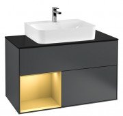 Тумба під раковину Villeroy & Boch Finion 100х50,1 см з підсвічуванням темно-синій матовий лак/золотий матовий лак/скло чорне матове F112HFHG