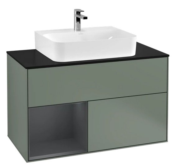 Тумба под раковину Villeroy & Boch Finion 100х50,1 см с подсветкой МДФ оливковый матовый лак/темно-синий матовый лак/стекло черное матовое F112HGGM