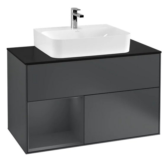 Тумба під раковину Villeroy & Boch Finion 100х50,1 см із підсвічуванням МДФ темно-синій матовий лак/скло чорне матове F112HGHG