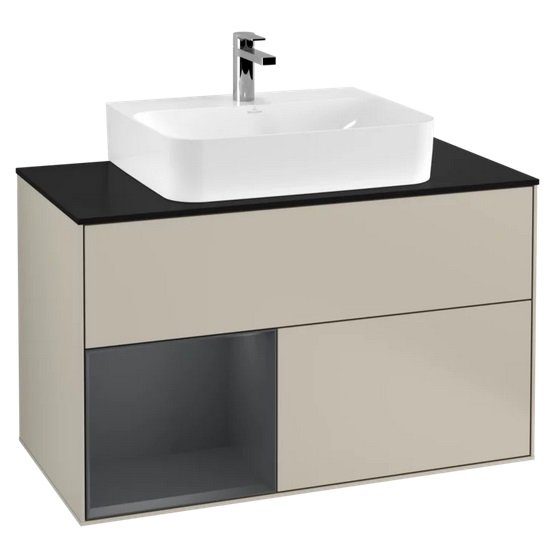 Тумба під раковину Villeroy & Boch Finion 100х50,1 см із підсвічуванням МДФ пісок матовий лак/темно-синій матовий лак/скло чорне матове F112HGHH