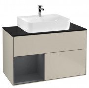 Тумба під раковину Villeroy & Boch Finion 100х50,1 см із підсвічуванням МДФ пісок матовий лак/темно-синій матовий лак/скло чорне матове F112HGHH