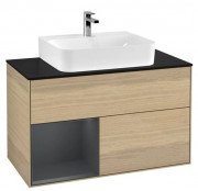 Тумба под раковину Villeroy & Boch Finion 100х50,1 см с подсветкой ДСП шпон дуба/темно-синий матовый лак/стекло черное матовое F112HGPC