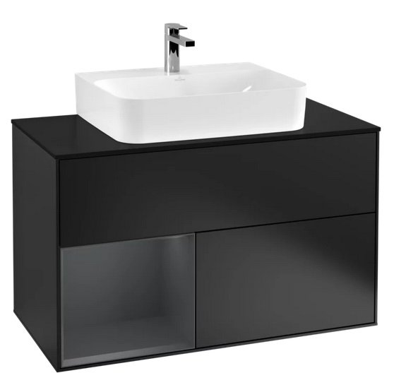 Тумба под раковину Villeroy & Boch Finion 100х50,1 см с подсветкой МДФ черный матовый лак/темно-синий матовый лак/стекло черное матовое F112HGPD