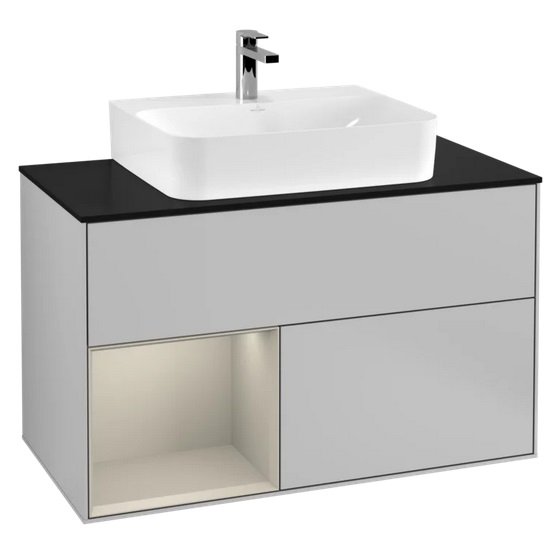 Тумба под раковину Villeroy & Boch Finion 100х50,1 см с подсветкой МДФ светло-серый матовый лак/песок матовый лак/стекло черное матовое F112HHGJ