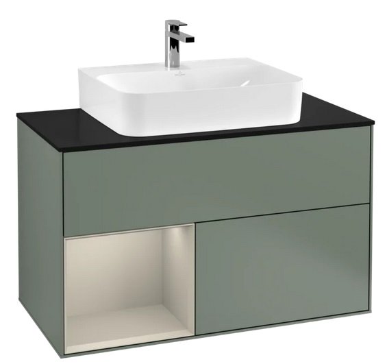 Тумба под раковину Villeroy & Boch Finion 100х50,1 см с подсветкой МДФ оливковый матовый лак/песок матовый лак/стекло черное матовое F112HHGM
