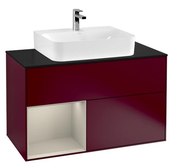 Тумба під раковину Villeroy & Boch Finion 100х50,1 см з підсвічуванням МДФ півонія матовий лак/пісок матовий лак/скло чорне матове F112HHHB