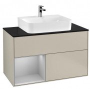 Тумба під раковину Villeroy & Boch Finion 100х50,1 см із підсвічуванням МДФ пісок матовий лак/світло-сірий матовий лак/скло чорне матове F112GJHH