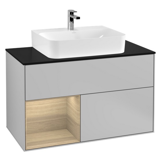 Тумба под раковину Villeroy & Boch Finion 100х50,1 см с подсветкой МДФ светло-серый матовый лак/шпон дуба/стекло черное матовое F112PCGJ