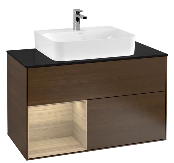 Тумба під раковину Villeroy & Boch Finion 100х50,1 см з підсвічуванням ДСП шпон волоського горіха/шпон дуба/скло чорне матове F112PCGN