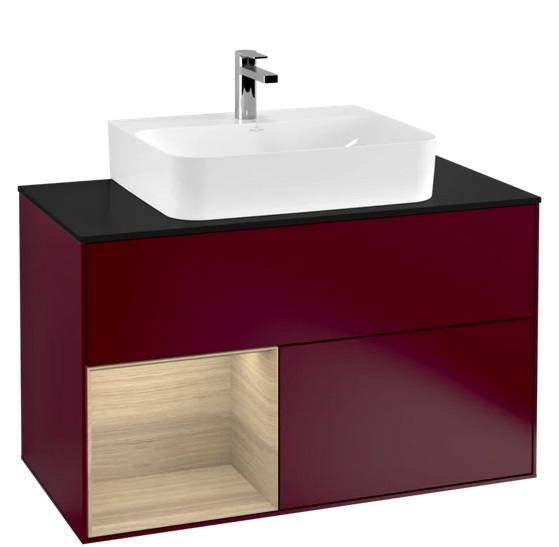 Тумба під раковину Villeroy & Boch Finion 100х50,1 см з підсвічуванням МДФ півонія матовий лак/шпон дуба/скло чорне матове F112PCHB