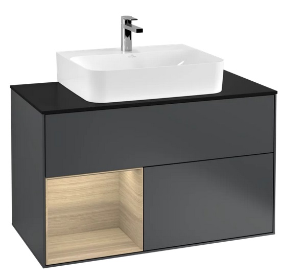 Тумба под раковину Villeroy & Boch Finion 100х50,1 см с подсветкой МДФ темно-синий матовый лак/шпон дуба/стекло черное матовое F112PCHG