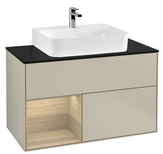 Тумба под раковину Villeroy & Boch Finion 100х50,1 см с подсветкой МДФ песок матовый лак/шпон дуба/стекло черное матовое F112PCHH