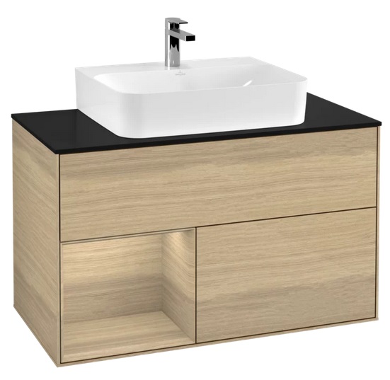 Тумба під раковину Villeroy & Boch Finion 100х50,1 см з підсвічуванням ДСП шпон дуба/скло чорне матове F112PCPC