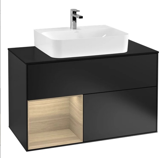 Тумба под раковину Villeroy & Boch Finion 100х50,1 см с подсветкой МДФ черный матовый лак/шпон дуба/стекло черное матовое F112PCPD