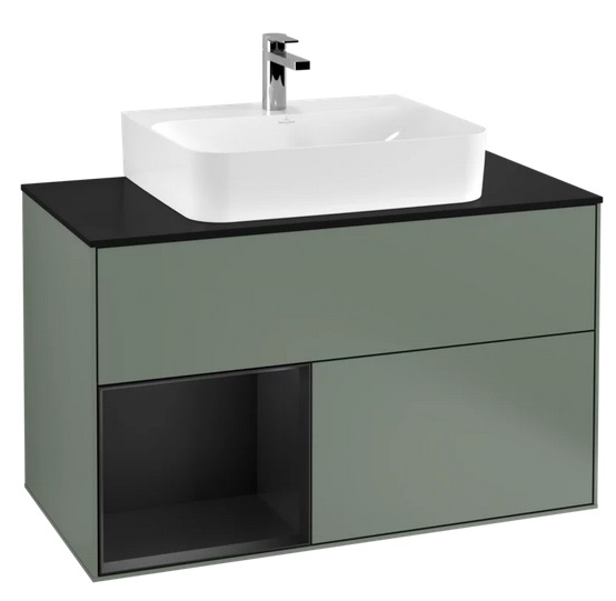 Тумба под раковину Villeroy & Boch Finion 100х50,1 см с подсветкой МДФ оливковый матовый лак/черный матовый лак/стекло черное матовое  F112PDGM