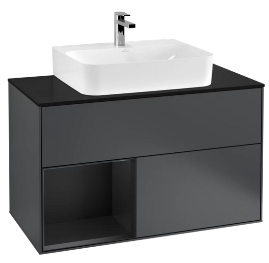 Тумба під раковину Villeroy & Boch Finion 100х50,1 см з підсвічуванням темно-синій матовий лак/чорний матовий лак/скло чорне матове F112PDHG