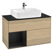 Тумба под раковину Villeroy & Boch Finion 100х50,1 см с подсветкой ДСП шпон дуба/черный матовый лак/стекло черное матовое F112PDPC