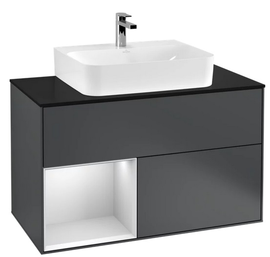 Тумба под раковину Villeroy & Boch Finion 100х50,1 см с подсветкой МДФ темно-синий матовый лак/белый матовый лак/стекло черное матовое F112MTHG