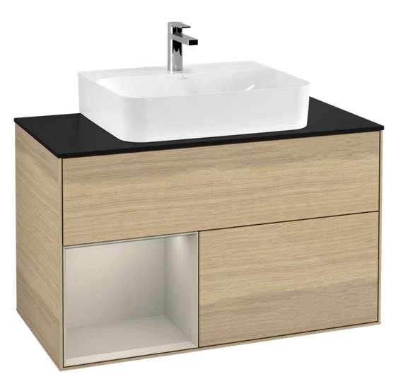Тумба під раковину Villeroy & Boch Finion 100х50,1 см з підсвічуванням ДСП шпон дуба/пісок матовий лак/скло чорне матове F112HHPC