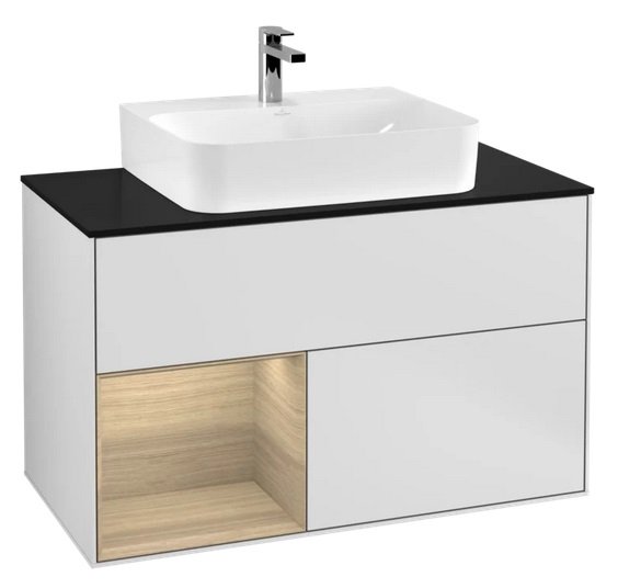 Тумба под раковину Villeroy & Boch Finion 100х50,1 см с подсветкой МДФ белый матовый лак/шпон дуба/стекло черное матовое F112PCMT