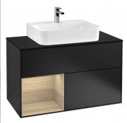 Тумба під раковину Villeroy & Boch Finion 100х50,1 см з підсвічуванням МДФ чорний матовий лак/шпон дуба/скло чорне матове F112PCPD