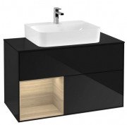 Тумба під раковину Villeroy & Boch Finion 100х50,1 см із підсвічуванням МДФ глянсовий чорний лак/шпон дуба/скло чорне матове F112PCPH