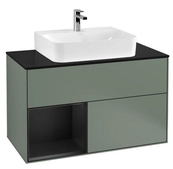 Тумба під раковину Villeroy & Boch Finion 100х50,1 см із підсвічуванням МДФ оливковий матовий лак/чорний матовий лак/скло чорне матове F112PDGM