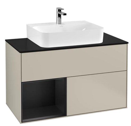 Тумба под раковину Villeroy & Boch Finion 100х50,1 см с подсветкой МДФ песок матовый лак/черный матовый лак/стекло черное матовое F112PDHH