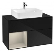 Тумба під раковину Villeroy & Boch Finion 100х50,1 см із підсвічуванням МДФ глянсовий чорний лак/пісок матовий лак/скло чорне матове F112HHPH