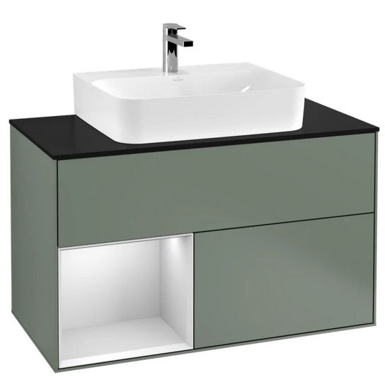 Тумба під раковину Villeroy & Boch Finion 100х50,1 см із підсвічуванням МДФ оливковий матовий лак/білий матовий лак/скло чорне матове F112MTGM