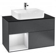 Тумба під раковину Villeroy & Boch Finion 100х50,1 см з підсвічуванням темно-синій матовий лак/білий матовий лак/скло чорне матове F112MTHG