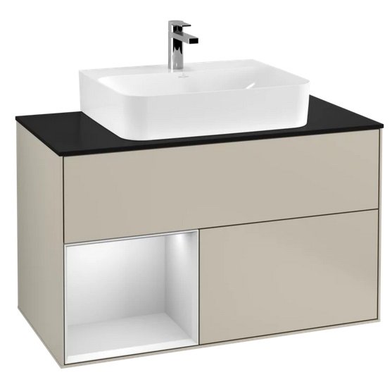 Тумба под раковину Villeroy & Boch Finion 100х50,1 см с подсветкой МДФ песок матовый лак/белый матовый лак/стекло черное матовое F112MTHH