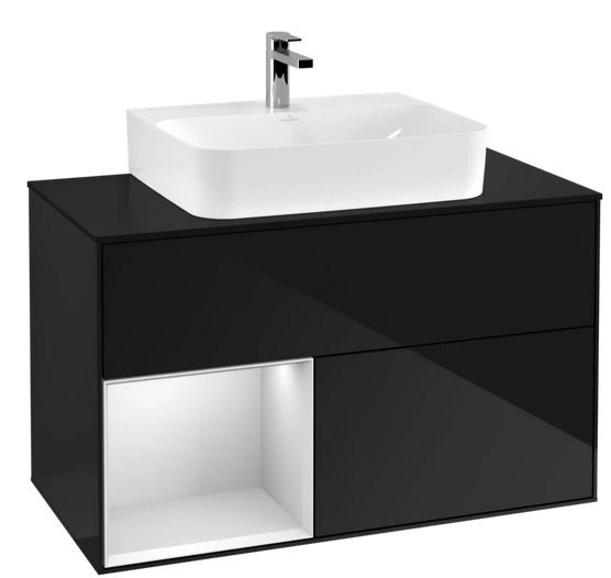 Тумба під раковину Villeroy & Boch Finion 100х50,1 см із підсвічуванням МДФ глянсовий чорний лак/білий матовий лак/скло чорне матове F112MTPH