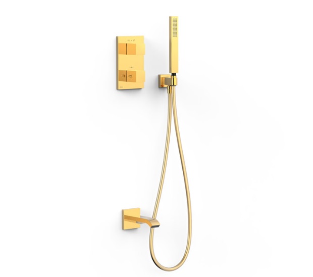 Термостат для ванной Tres Therm-Box на 2 потребителя с душевым гарнитуром золото 20225057OR