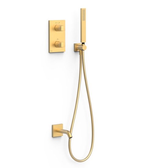 Термостат для ванної Tres Therm-Box на 2 споживача з душовим гарнітуром матове золото 21125007OM