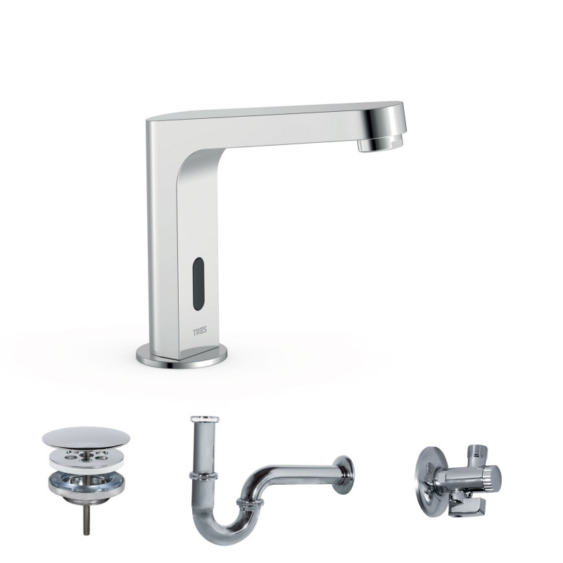 Кран для раковины Tres Electronic электронный с донным клапаном и сифоном хром  39210397