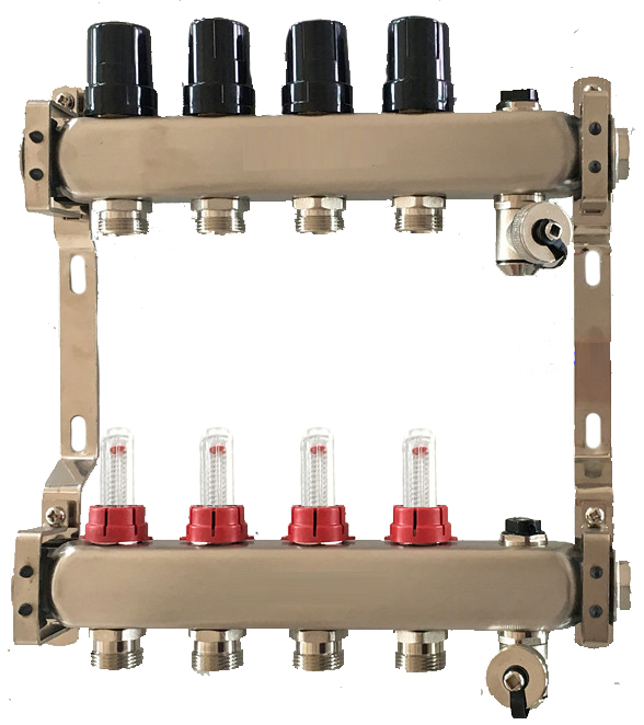 Коллектор для теплого пола Tervix Pro Line на 7 контуров с расходомерами краном Маевского и сливным краном нержавеющая сталь 501207