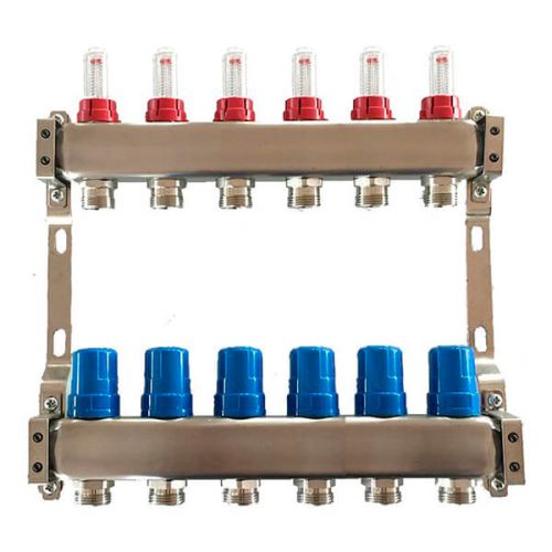 Коллектор для теплого пола Tervix Pro Line на 6 контуров с расходомерами нержавеющая сталь 501106