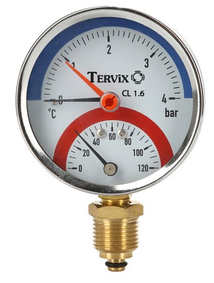 Термоманометр Tervix Pro Line 80/0-10 бар 0-120°С радиальный с монтажным клапаном R1/2'' 357318