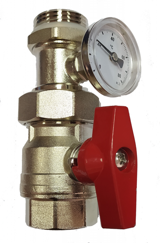 Кран із термометром Tervix Pro Line для колекторів теплої підлоги червона ручка латунь/пластик 545021