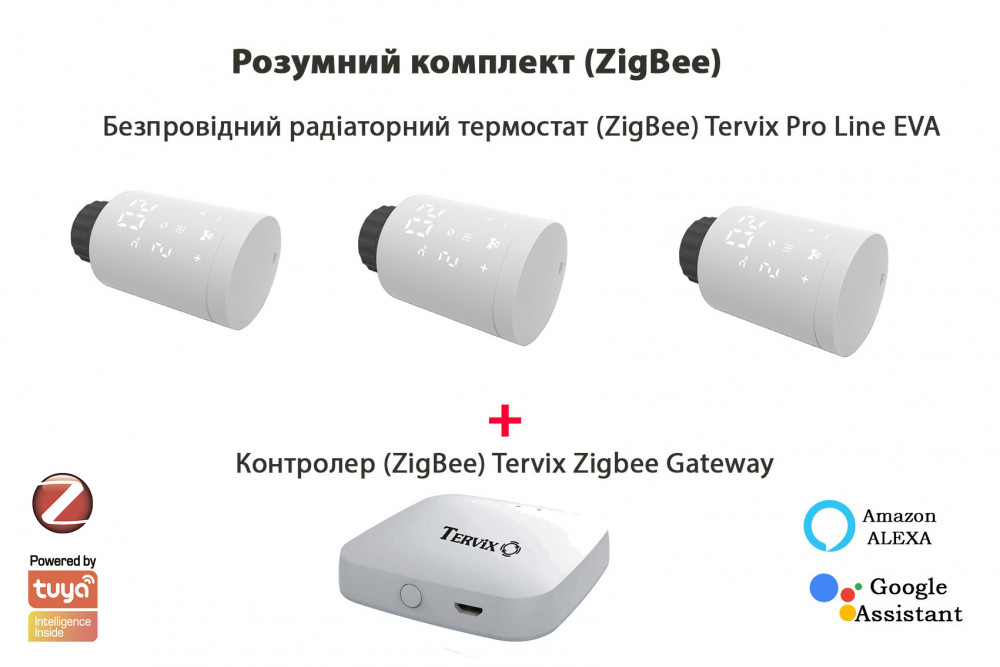 Комплект радіаторний термостат Tervix Pro Line EVA2 3 шт + контролер Tervix ZigBee Gateway 2287313