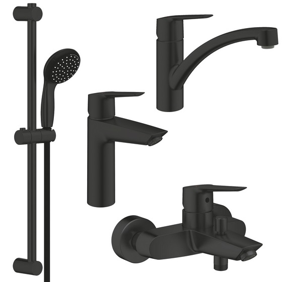 Комплект смесителей для ванной и кухни Grohe QuickFix Start 4 в 1 с душевым набором черный матовый UA303311MK