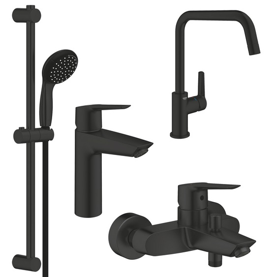 Комплект змішувачів для ванної та кухні Grohe QuickFix Start 4 в 1 із душовим набором чорний матовий UA303301MK