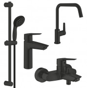 Комплект смесителей для ванной и кухни Grohe QuickFix Start 4 в 1 с душевым набором черный матовый UA303301MK